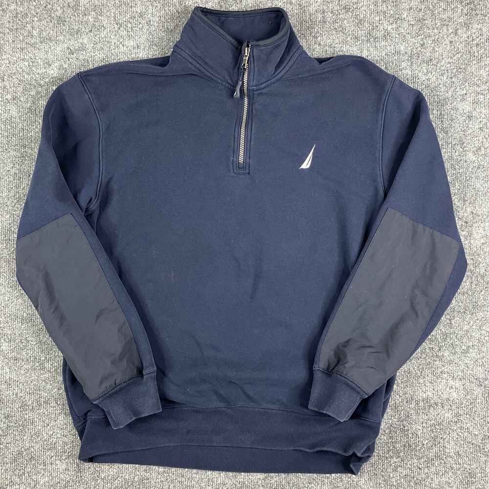 Nautica‎ 1/4 Zip Pullover Mens XL Navy Logo Elbow Patch Casual Sweatshirt